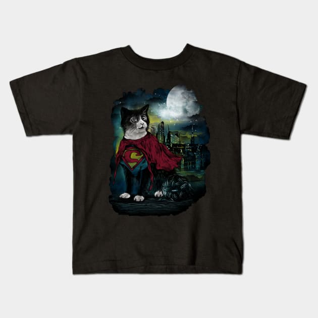 Super meow, Hero of the night Kids T-Shirt by stark.shop